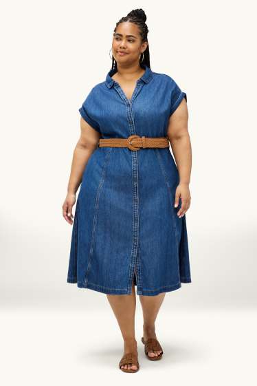 Mujer - Vestido camisero vaquero con escote en pico y cinturón - vaqueros - azul