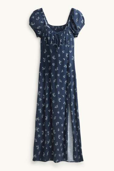 Femmes - Robe à fente - à fleurs - smockée - bleu foncé