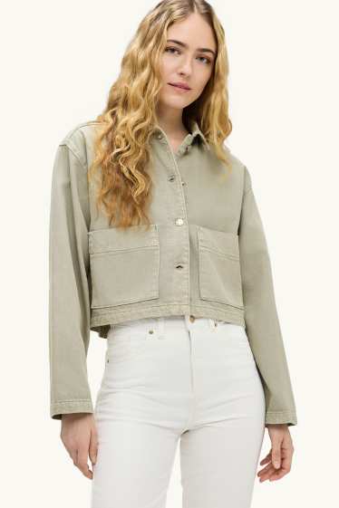 Damen - Crop Jeansjacke - bestickt - grün