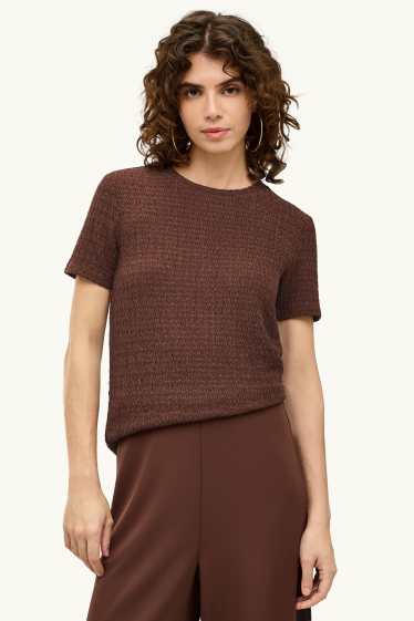 Dames - T-shirt - regular fit - met structuur - donkerbruin