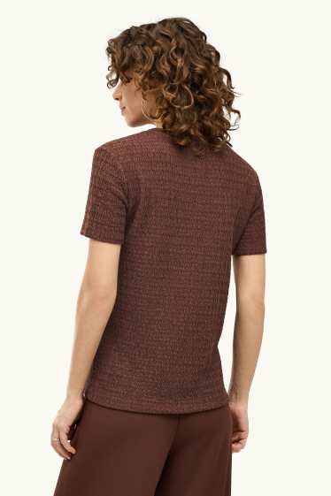 Dames - T-shirt - regular fit - met structuur - donkerbruin