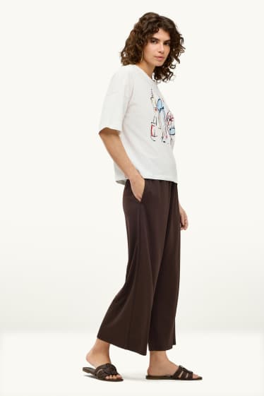 Femmes - Pantalon en toile court - high waist - wide leg - marron