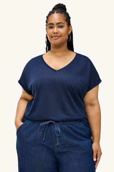 Dames - T-shirt met V-hals - relaxed fit - donkerblauw