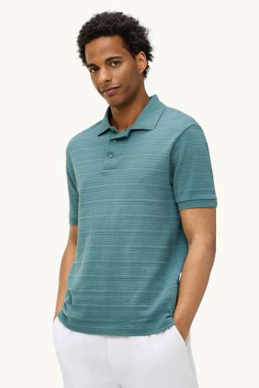 Heren - Gebreid poloshirt - regular fit - met structuur - gestreept - turquoise