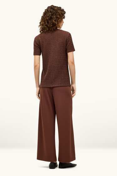 Dames - Broek van jersey - high waist - wide leg - donkerbruin