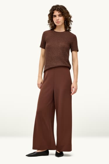 Dames - Broek van jersey - high waist - wide leg - donkerbruin