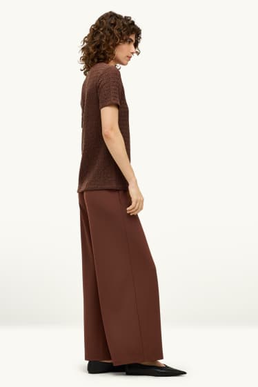 Dames - Broek van jersey - high waist - wide leg - donkerbruin
