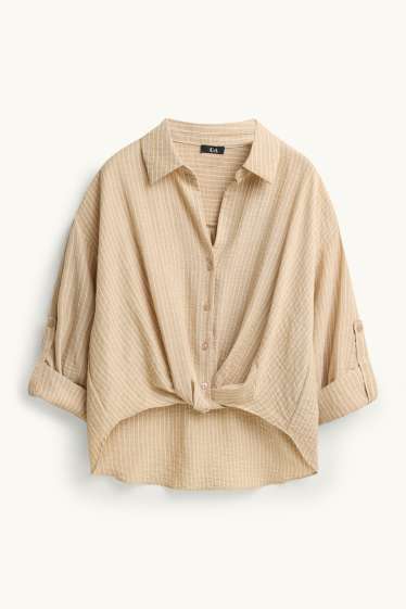 Women - Blouse with knot detail - striped - beige