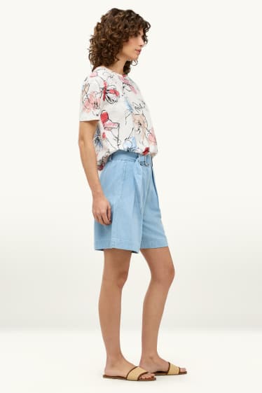 Dames - Denim short met ceintuur - high waist - jeanslichtblauw