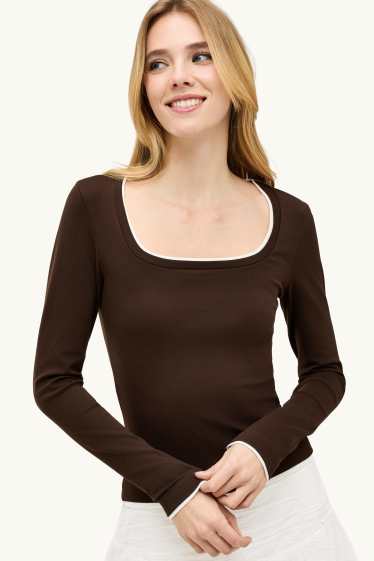 Damen - Langarmshirt - Slim Fit - 2-in-1-Look - braun
