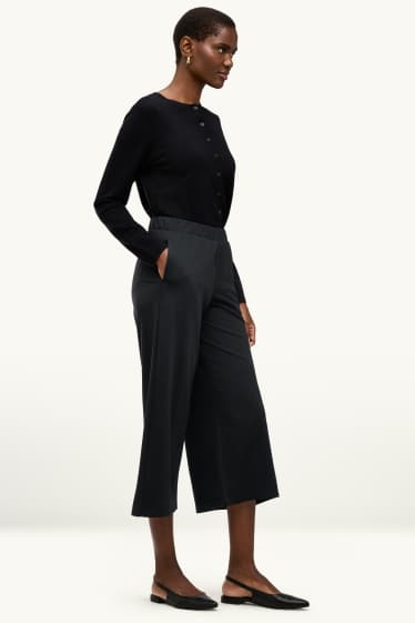 Damen - Crop Stoffhose - High Waist - Wide Leg - schwarz