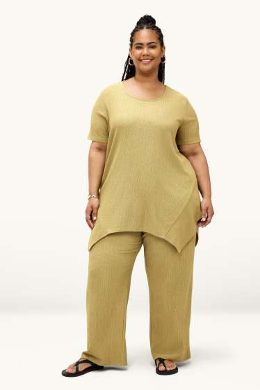 Donna - Pantaloni in jersey - vita media - gamba ampia - tessuto tramato - verde chiaro