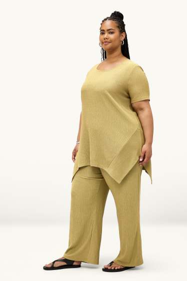 Donna - Pantaloni in jersey - vita media - gamba ampia - tessuto tramato - verde chiaro