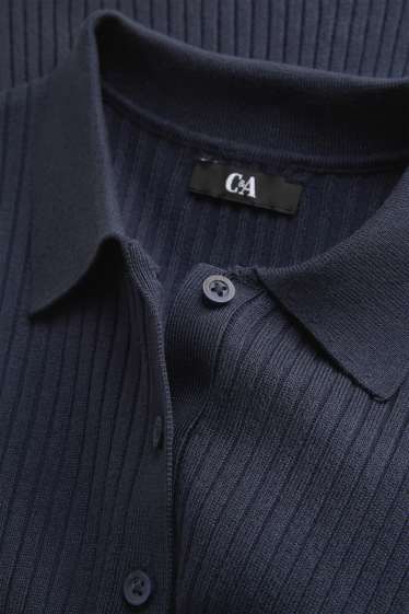Dames - Poloshirt met lange mouwen - slim fit - ribstof - donkerblauw