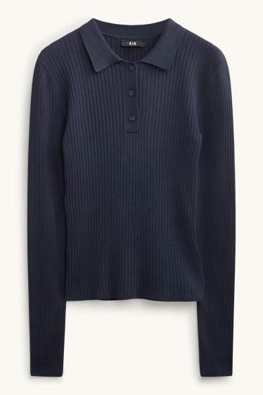 Dames - Poloshirt met lange mouwen - slim fit - ribstof - donkerblauw