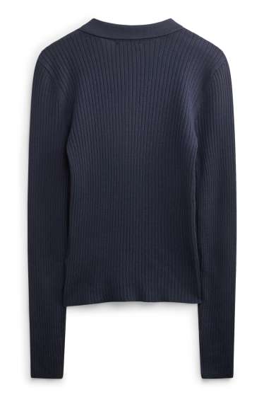 Dames - Poloshirt met lange mouwen - slim fit - ribstof - donkerblauw