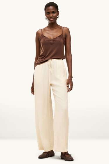 Donna - Pantaloni di stoffa - vita media - gamba ampia - crema