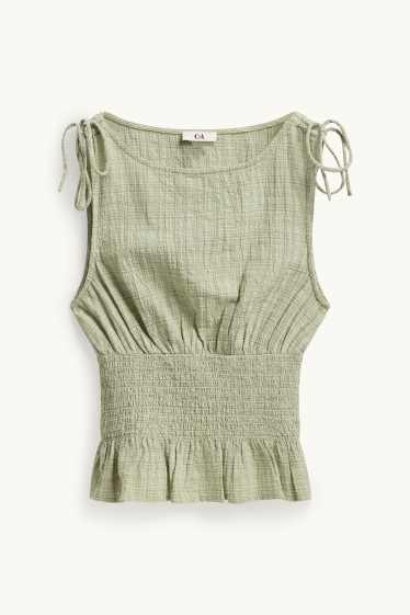 Dames - Blousetop - geruit - gesmokt - groen