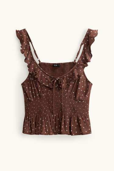 Donna - Top a blusa - a pois - tessuto tramato - arricciato - marrone