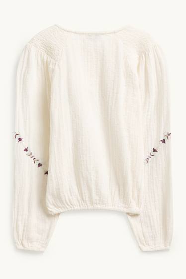 Kinderen: meisjes - Blouse van mousseline - gesmokt - crème wit