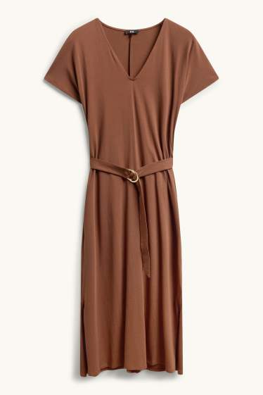 Dames - Fit & flare-jurk met V-hals en ceintuur - bruin