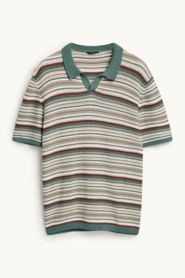 Herren - Strick-Poloshirt - Relaxed Fit - gestreift - strukturiert - weiß / dunkelgrün