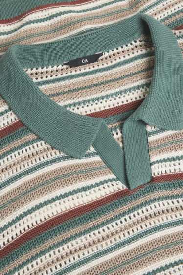 Herren - Strick-Poloshirt - Relaxed Fit - gestreift - strukturiert - weiß / dunkelgrün