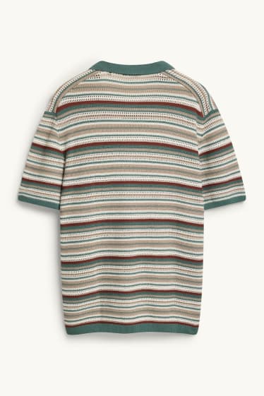 Herren - Strick-Poloshirt - Relaxed Fit - gestreift - strukturiert - weiß / dunkelgrün