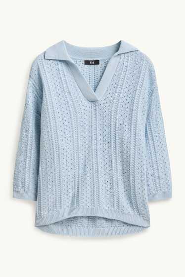 Femmes - Pull en maille - manches courtes - finition texturée - bleu clair