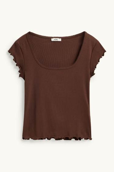 Dámské - Tričko - slim fit - žebrované - hnědá