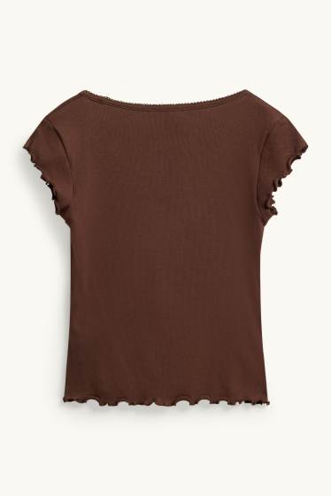 Dámské - Tričko - slim fit - žebrované - hnědá