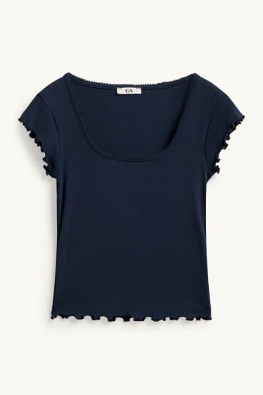 Dames - T-shirt - slim fit - geribd - donkerblauw