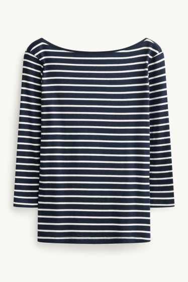 Dames - Longsleeve - slim fit - geribd - gestreept - donkerblauw / wit