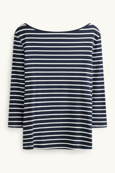 Dames - Longsleeve - slim fit - geribd - gestreept - donkerblauw / wit