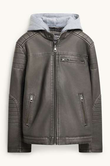 Enfants garçons - Blouson motard avec capuche - matière synthétique - gris