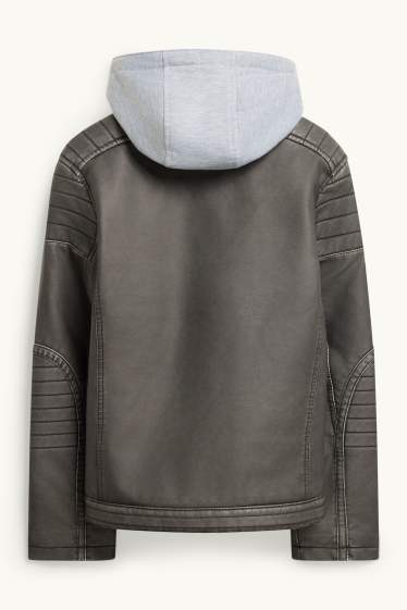 Enfants garçons - Blouson motard avec capuche - matière synthétique - gris