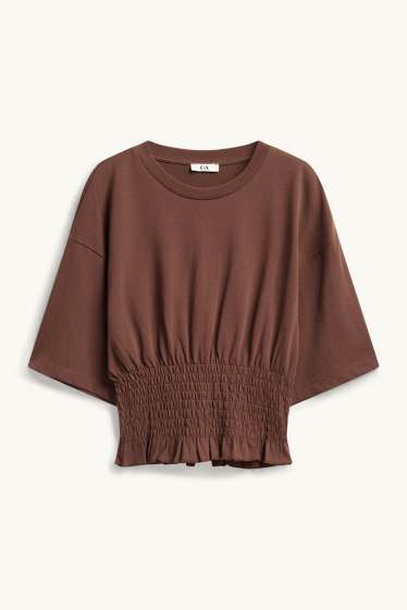 Women - T-shirt - slim fit - smocked - brown