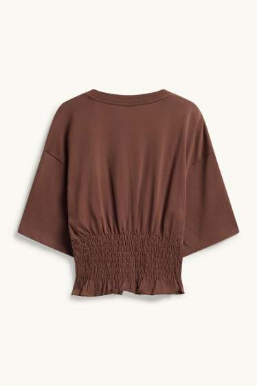 Women - T-shirt - slim fit - smocked - brown