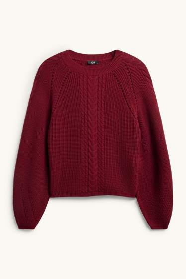 Damen - Pullover - Zopfmuster - gerippt - rot
