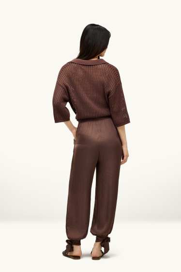 Femmes - Pantalon en toile - mid waist - balloon fit - marron foncé