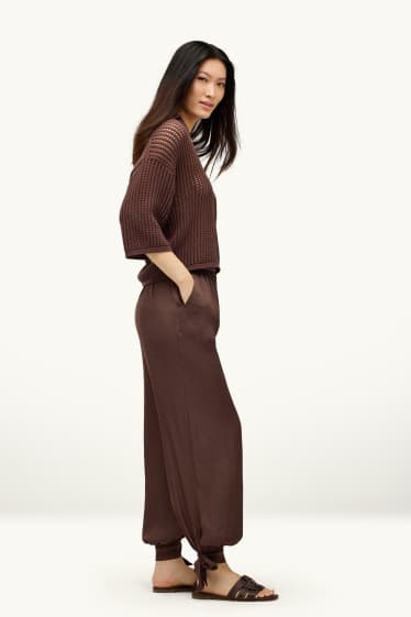 Femmes - Pantalon en toile - mid waist - balloon fit - marron foncé