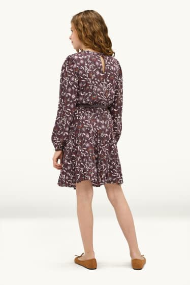 Enfants filles - Fleur - robe avec ceinture - finition brillante - marron