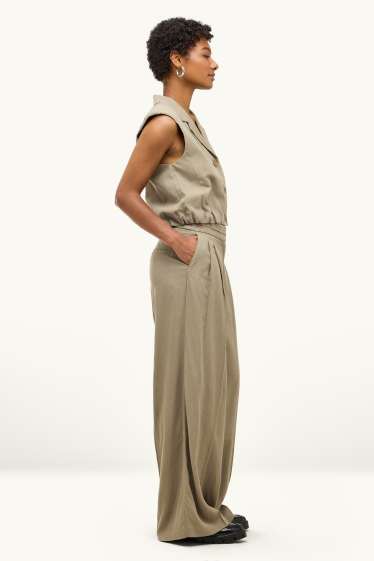Dámské - Plátěné kalhoty - mid waist - wide leg - khaki
