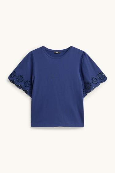 Women - T-shirt - regular fit - broderie anglaise - blue