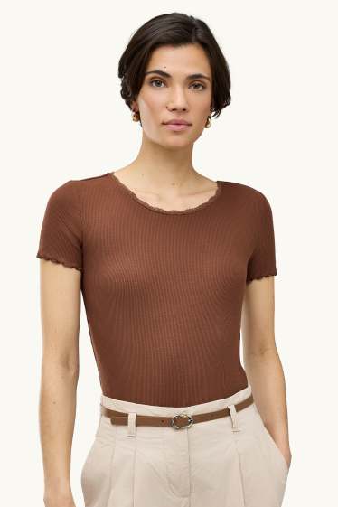 Damen - T-Shirt - Relaxed Fit - gerippt - braun