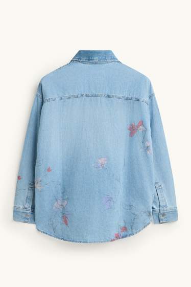 Femei - Bluză tip cămașă din denim - cu flori - denim-albastru deschis