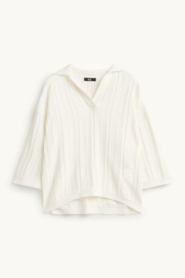 Femmes - Pull en maille - manches courtes - finition texturée - blanc