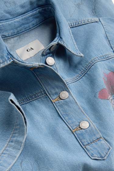 Dames - T-shirt-jurk - gebloemd - jeansblauw