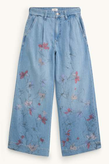 Damen - Wide Leg Jeans - Mid Waist - geblümt - jeansblau