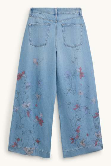 Damen - Wide Leg Jeans - Mid Waist - geblümt - jeansblau
